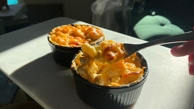 A fork full of Dungeness Crab Mac and Cheese.