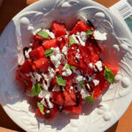 Balsamic & Feta Watermelon Salad served in a bowl.