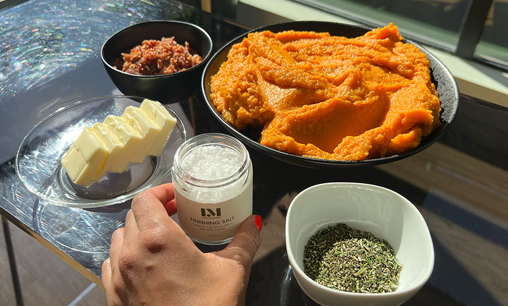 Butter, rosemary, minced bacon, Finishing Salt, and mashed sweet potatoes.